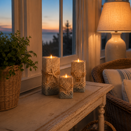 Vintage Wooden Coastal Seashell LED Candle Decor